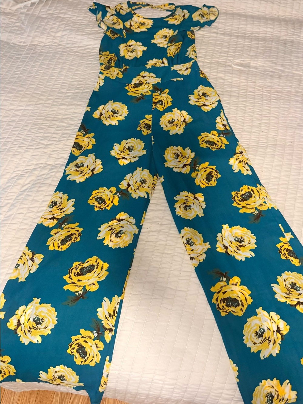 NWOT size 2 ASOS Teal Wide-Leg Floral open back Jumpsuit with Yellow Roses